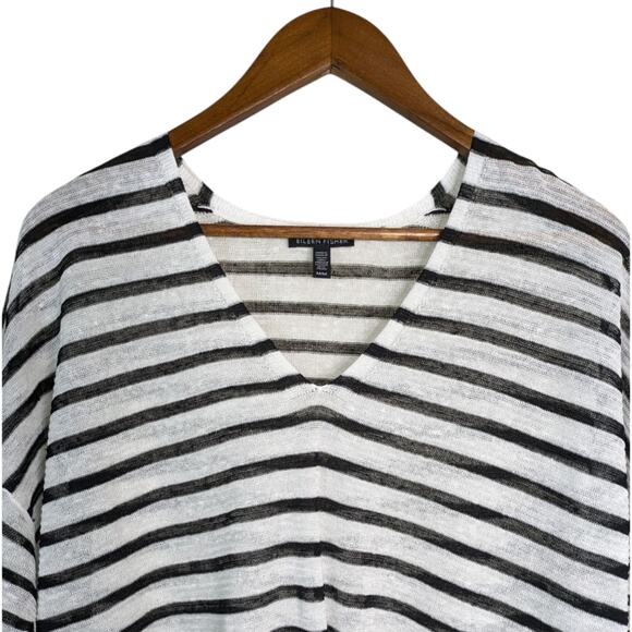 Eileen Fisher Organic Linen Crepe Striped V Neck Tee Top Medium Black White - Picture 2 of 10